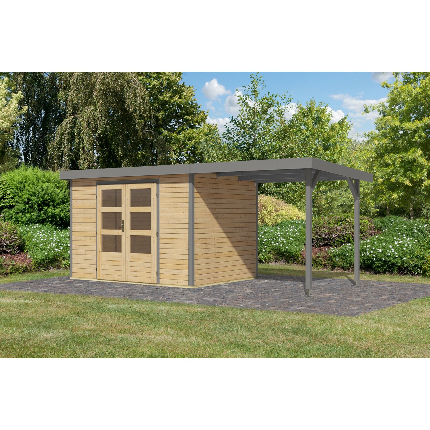 Karibu Gartenhaus Ernesto 4 A m. Anbaudach Natur/Grau 209 x 298 x 213 cm günstig online kaufen