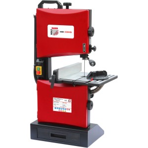 Holzmann Holzbandsäge HBS230HQ 230V: Kompakte Bandsäge mit rotem Gehäuse und Arbeitstisch.