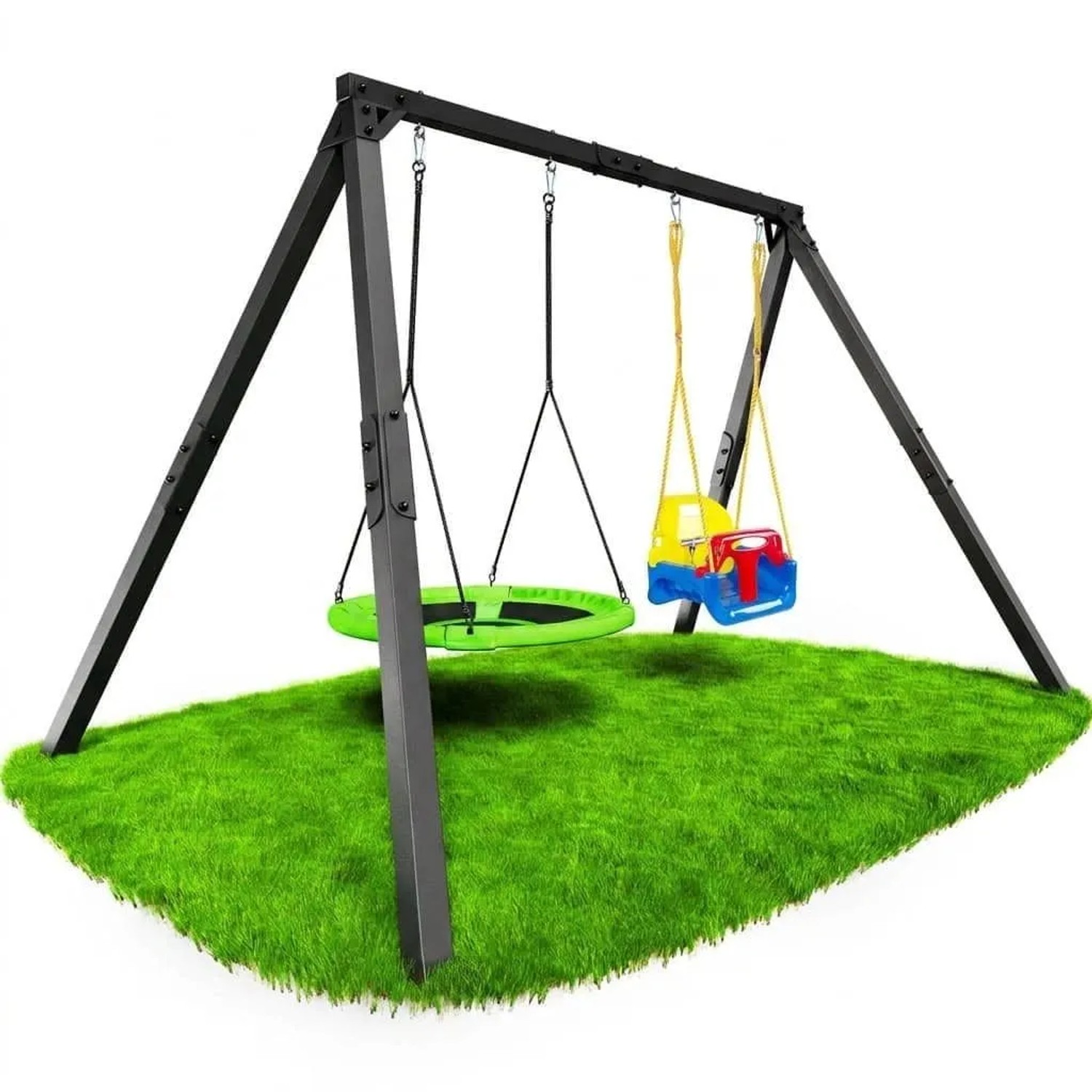 Robuste K-SPORT Metall-Doppelschaukel mit grüner Nestschaukel und bunter 3-in-1 Babyschaukel auf Rasen für Kinder.