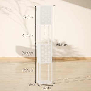Weiße HOMCOM Stehlampe (155,5 cm hoch) mit Regalen und Gittermuster-Lampenschirm für Innenräume.