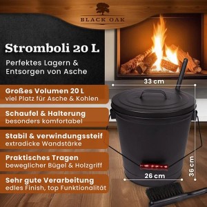 BLACK OAK Ascheeimer STROMBOLI 20L mit Schaufel und Handfeger für Kamin und Grill.