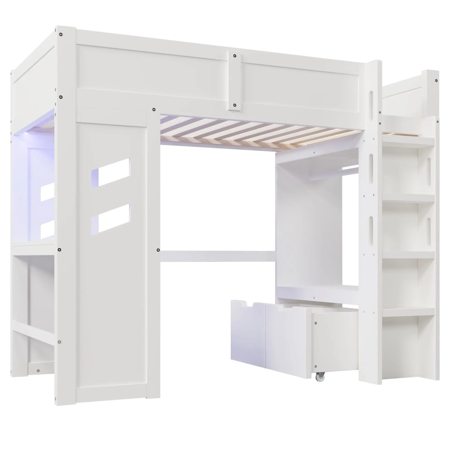 okwish Hochbett 90x200cm mit Schreibtisch und LED Beleuchtung Weiß ohne Matratze