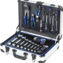 Offener LUX Werkzeugkoffer, 129-teilig, mit Werkzeugen wie Schraubenschlüssel, Zangen und Schraubendrehern.
