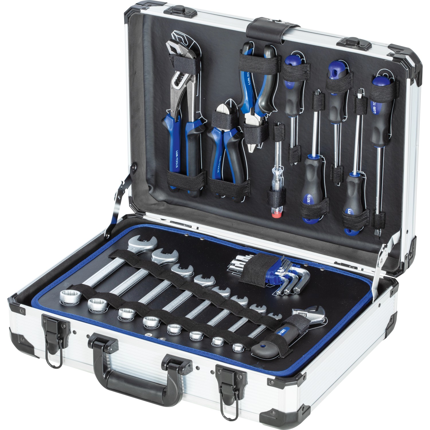 Offener LUX Werkzeugkoffer, 129-teilig, mit Werkzeugen wie Schraubenschlüssel, Zangen und Schraubendrehern.