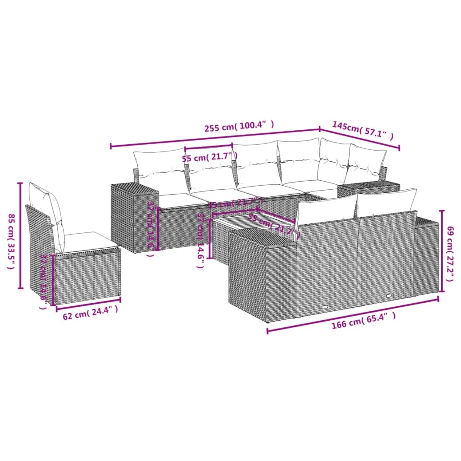 Beige 9-teilige Garten Sofagarnitur aus Polyrattan mit Kissen, Maße eingezeichnet.