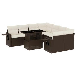 Braune 9-tlg. vidaXL Garten-Sofagarnitur aus Poly Rattan mit Tisch und cremefarbenen Kissen.