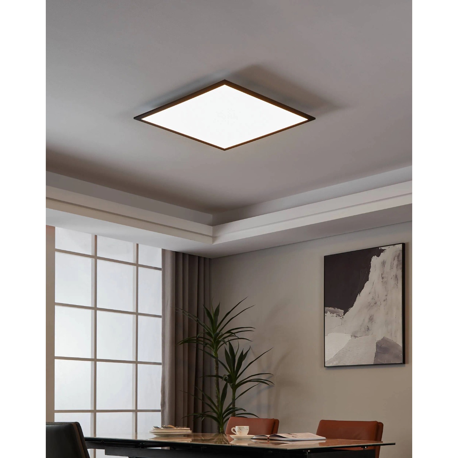 Smarte, schwarze LED-Deckenleuchte Salobrena-Z von Eglo, 59,5x59,5 cm, mit weißer Leuchtfläche.