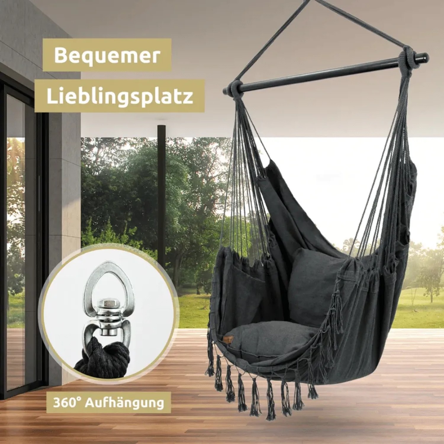 Anthrazitfarbener DELUKE Hängesessel MELA mit Kissen und Decke, geeignet für Indoor und Outdoor.