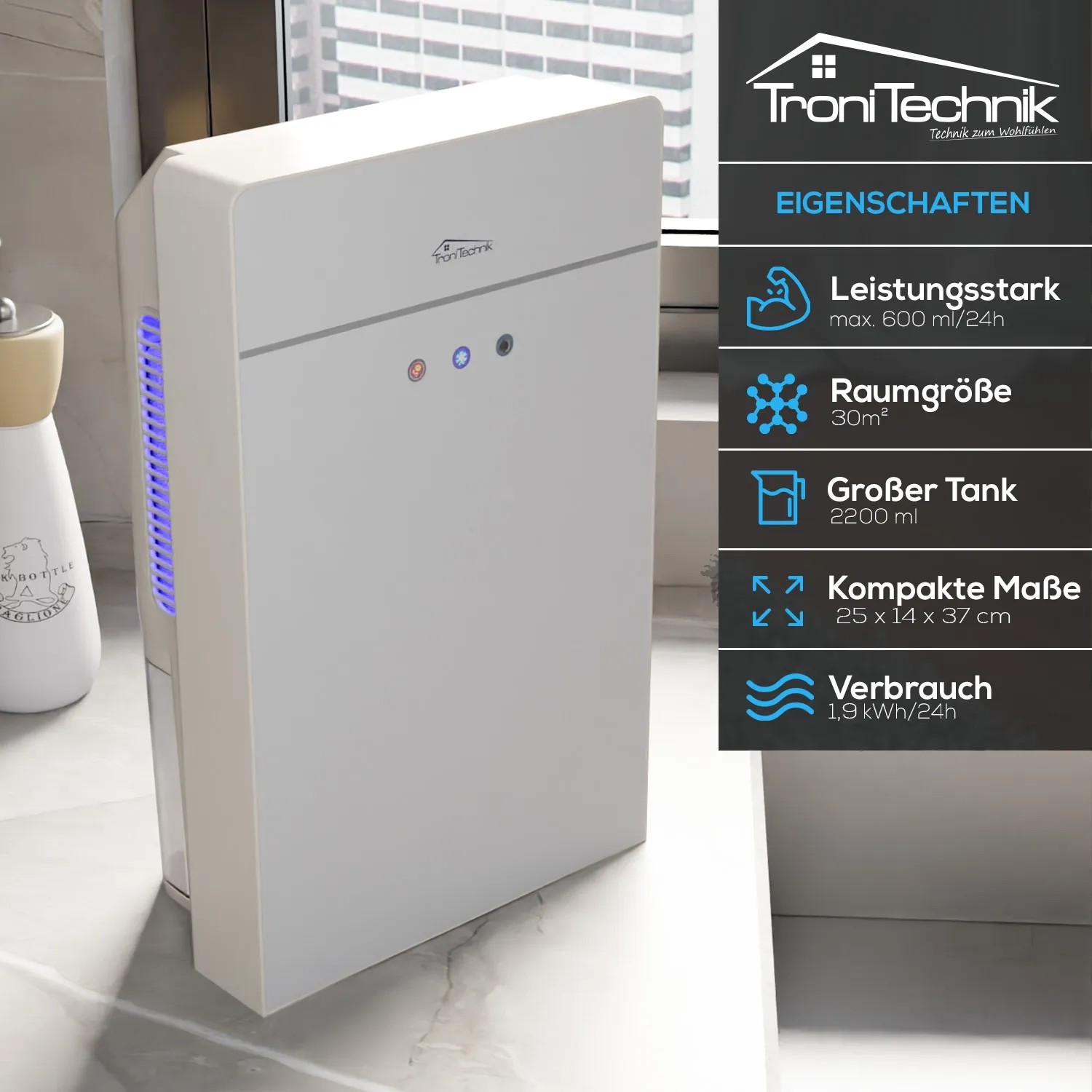 TroniTechnik Luftentfeuchter EF03 mit 2,2L Tank und Schlauchanschluss, geeignet für Räume bis 30m².