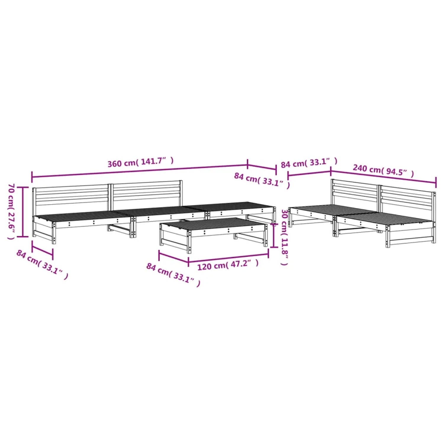 vidaXL 6-tlg. Garten-Lounge-Set aus imprägniertem Kiefernholz, bestehend aus Sofas und Hockern.