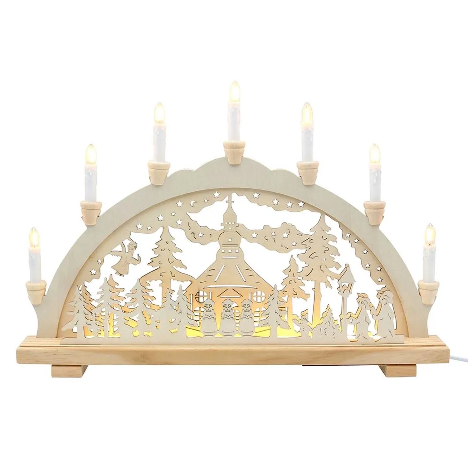 Dekohelden24 Leuchterbogen Schwippbogen Lichterbogen Fensterbogen Schwibbogen Motiv Seiffen mit Spitzkerzen und LED-Band L/B/H 58 x 6 x 38 cm