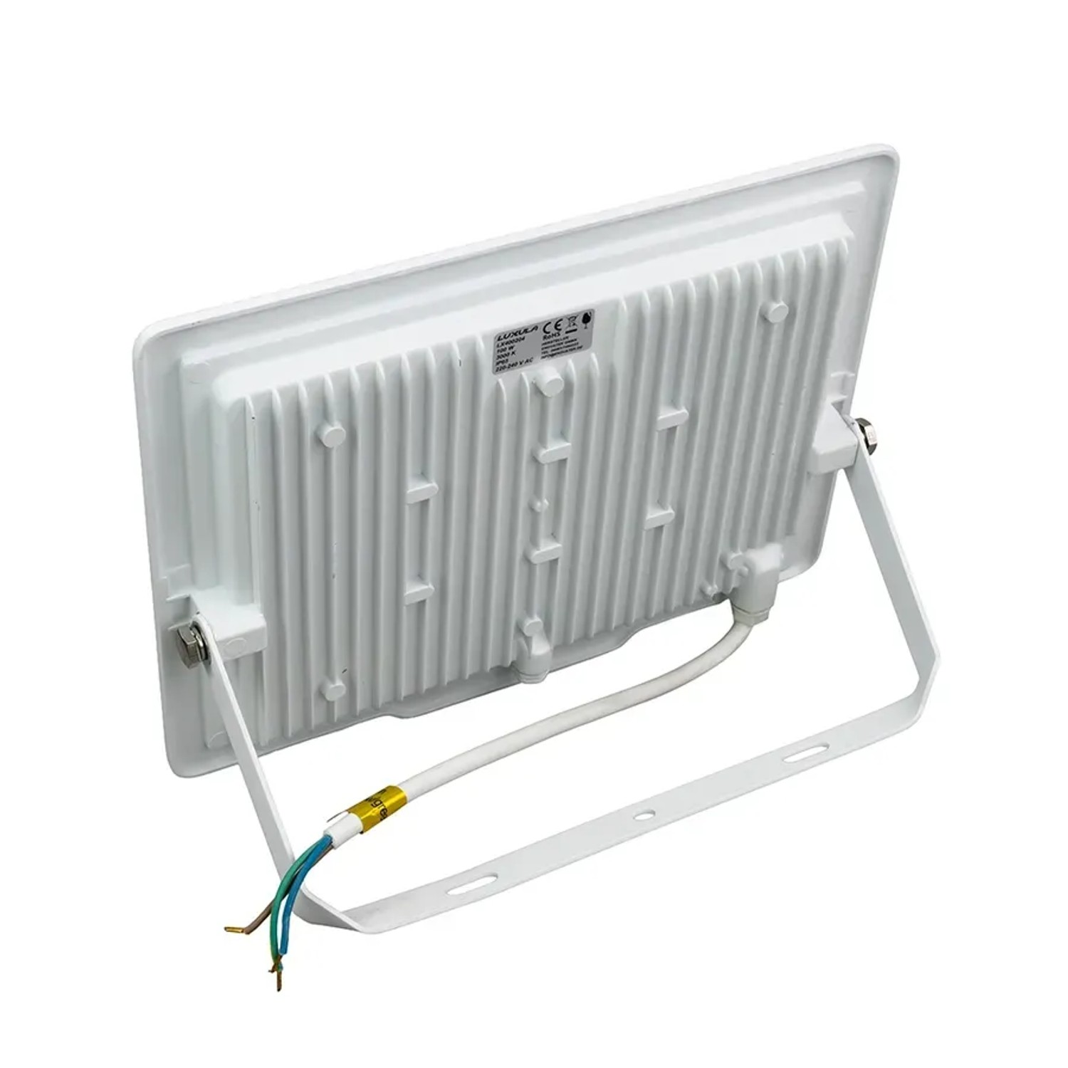 Weißer LUXULA LED Strahler 100W mit Haltebügel, Rückansicht. Ideal als robuster Baustrahler und Flutlicht.