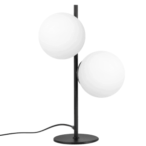 Moderne NETTLIFE Tischlampe schwarz, 2-flammig, mit zwei runden Opalglas-Schirmen. Ideal für Wohnzimmer & Nachttisch.