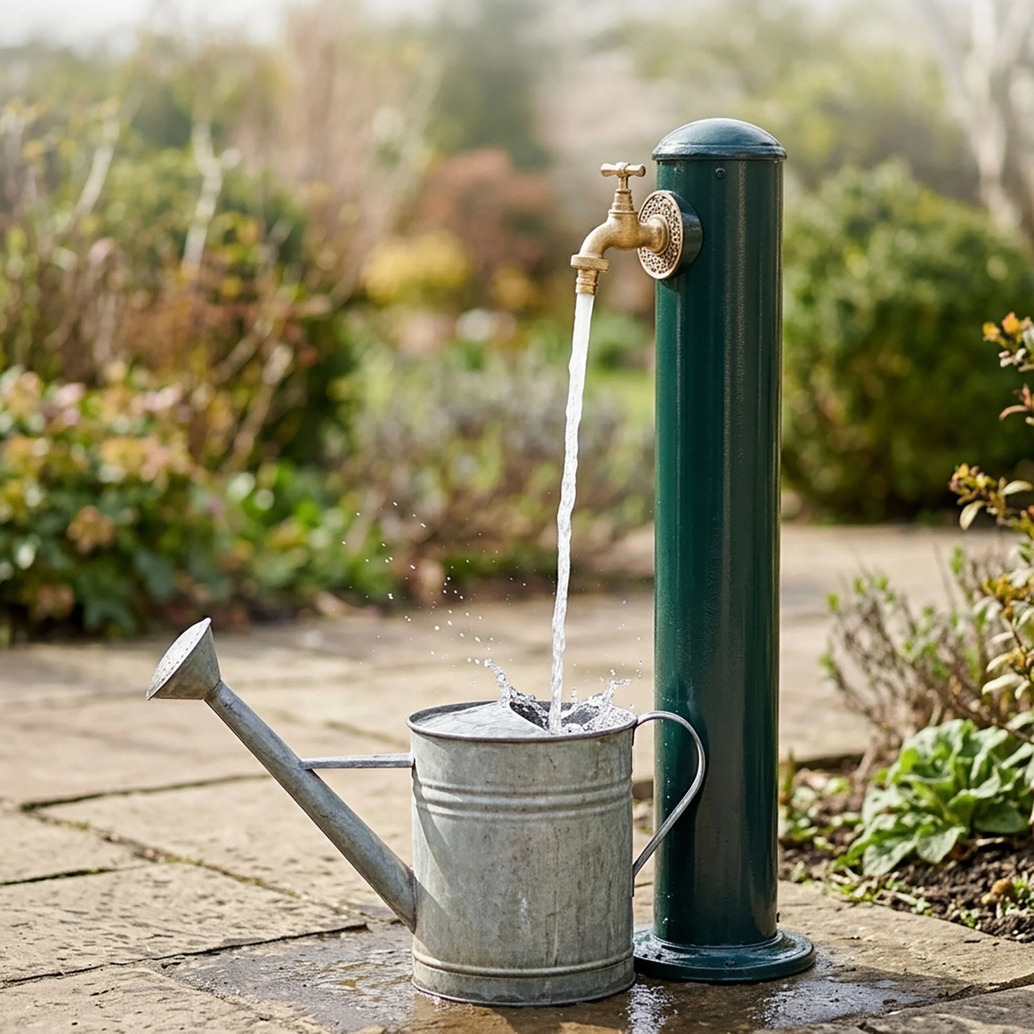Grüne Wasserzapfsäule mit antikem Messinghahn im Garten. Wasser füllt eine Gießkanne. Ideal als Gartenbrunnen.