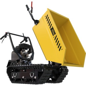 Güde Raupendumper GRD 400/R in Gelb-Schwarz mit hochgeklappter Mulde. Ideal für unwegsames Gelände.