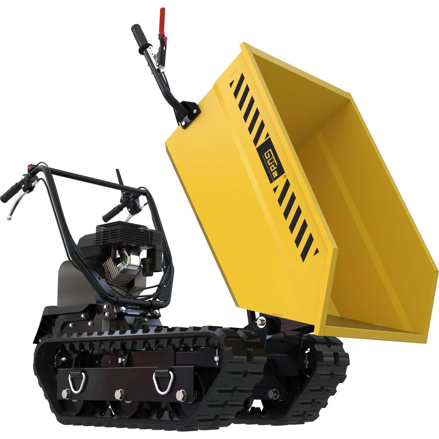 Güde Raupendumper GRD 400/R in Gelb-Schwarz mit hochgeklappter Mulde. Ideal für unwegsames Gelände.