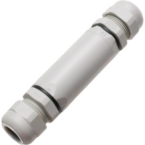 Grauer, schraubbarer Kabelverbinder IP68 aus Kunststoff für Erdkabel-Verbindungen.