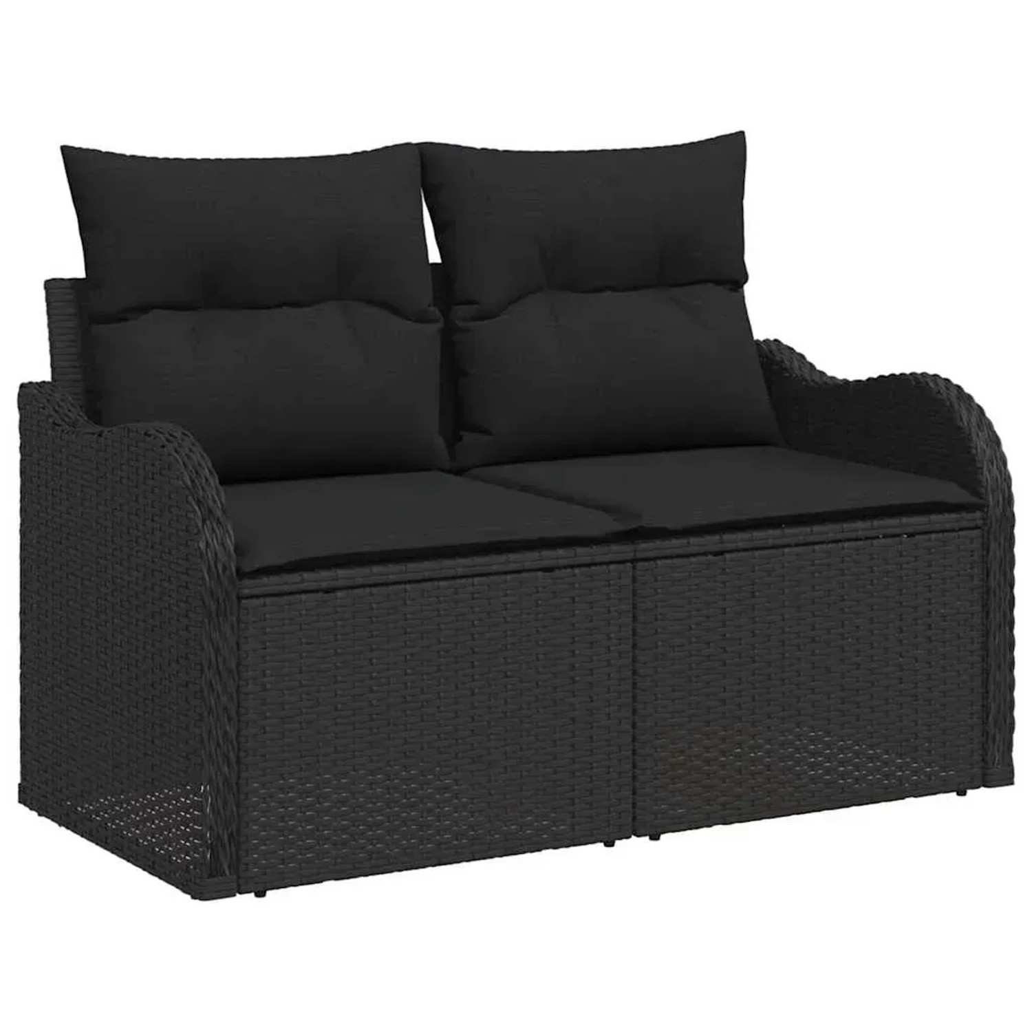 Schwarzes 2-Sitzer Gartensofa aus Poly Rattan mit Kissen.