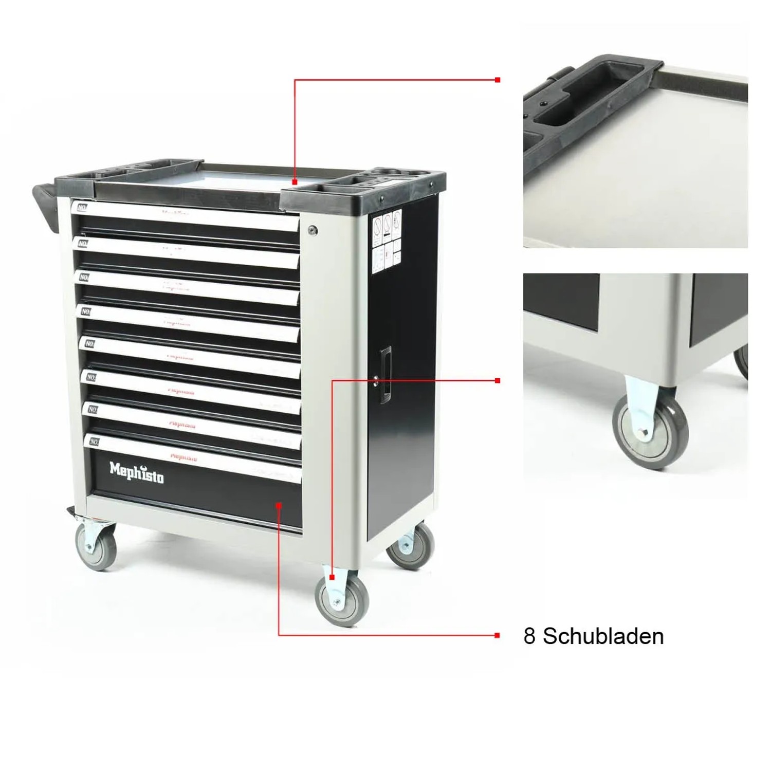 Mephisto Werkzeugwagen Premium mit 8 Schubladen und Rollgabelschlüssel, grau/schwarz.