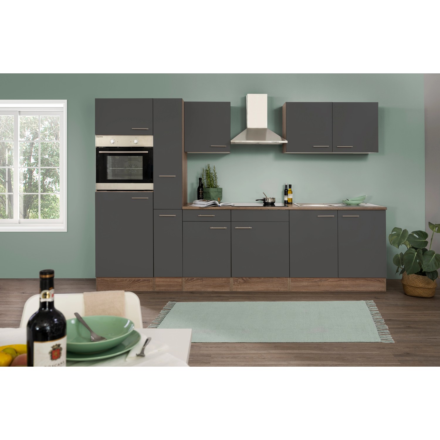Respekta Küchenzeile/Küchenblock KB300EYG 300 cm Grau Seidenglanz-Eiche York Nachbildung