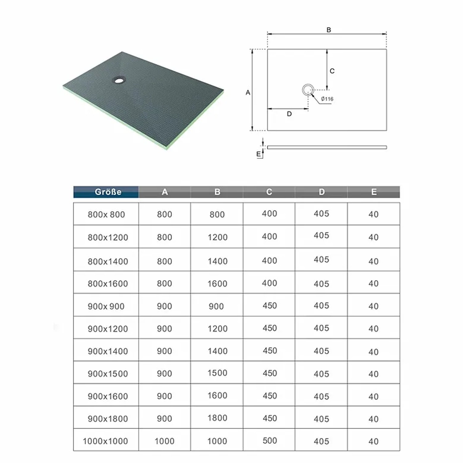 Graue XPS Duschplatte mit Ablauf, technische Zeichnung und Maßtabelle für Duschwannen und Duschtassen.