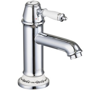 Glänzende PaulGurkes Nostalgie Waschtischarmatur mit Keramikdetails und Einhandmischer.