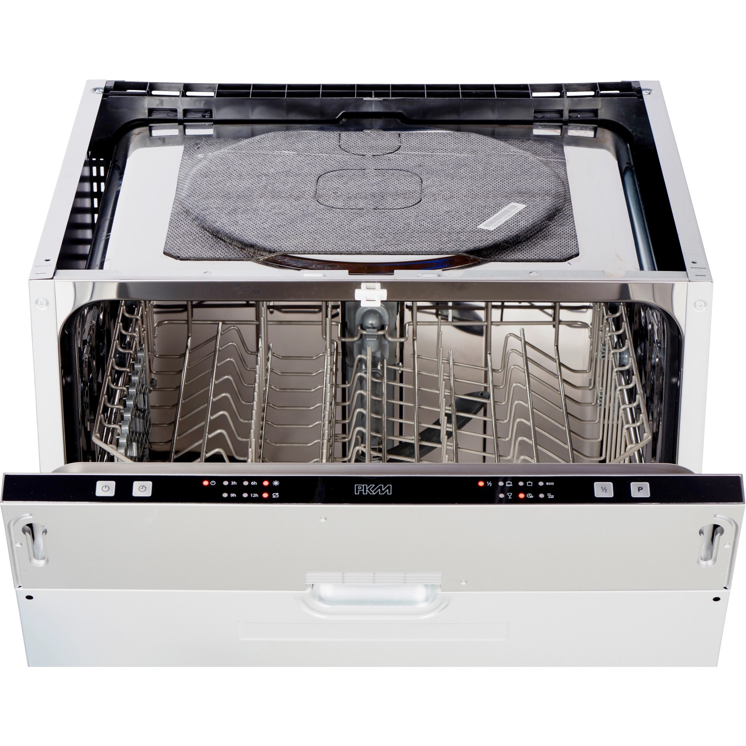 Offener, vollintegrierter Geschirrspüler der Flex-Well Exclusiv Küchenzeile Vintea mit Edelstahl-Innenraum.