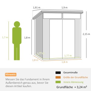 Skizze: Outsunny Gerätehaus, hellgrau, 190x191x215cm, mit Maßangaben für Fundament und Innenraum.