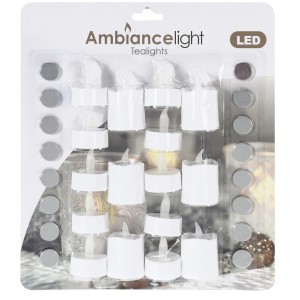 16er-Set flackernde LED-Teelichter in Weiß, inklusive Batterien, für stimmungsvolle Beleuchtung.
