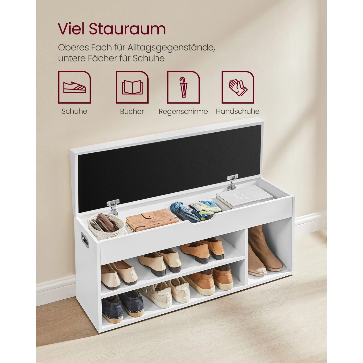 Weiße Vasagle Schuhbank mit Sitzfläche und Stauraum für Schuhe und Accessoires.