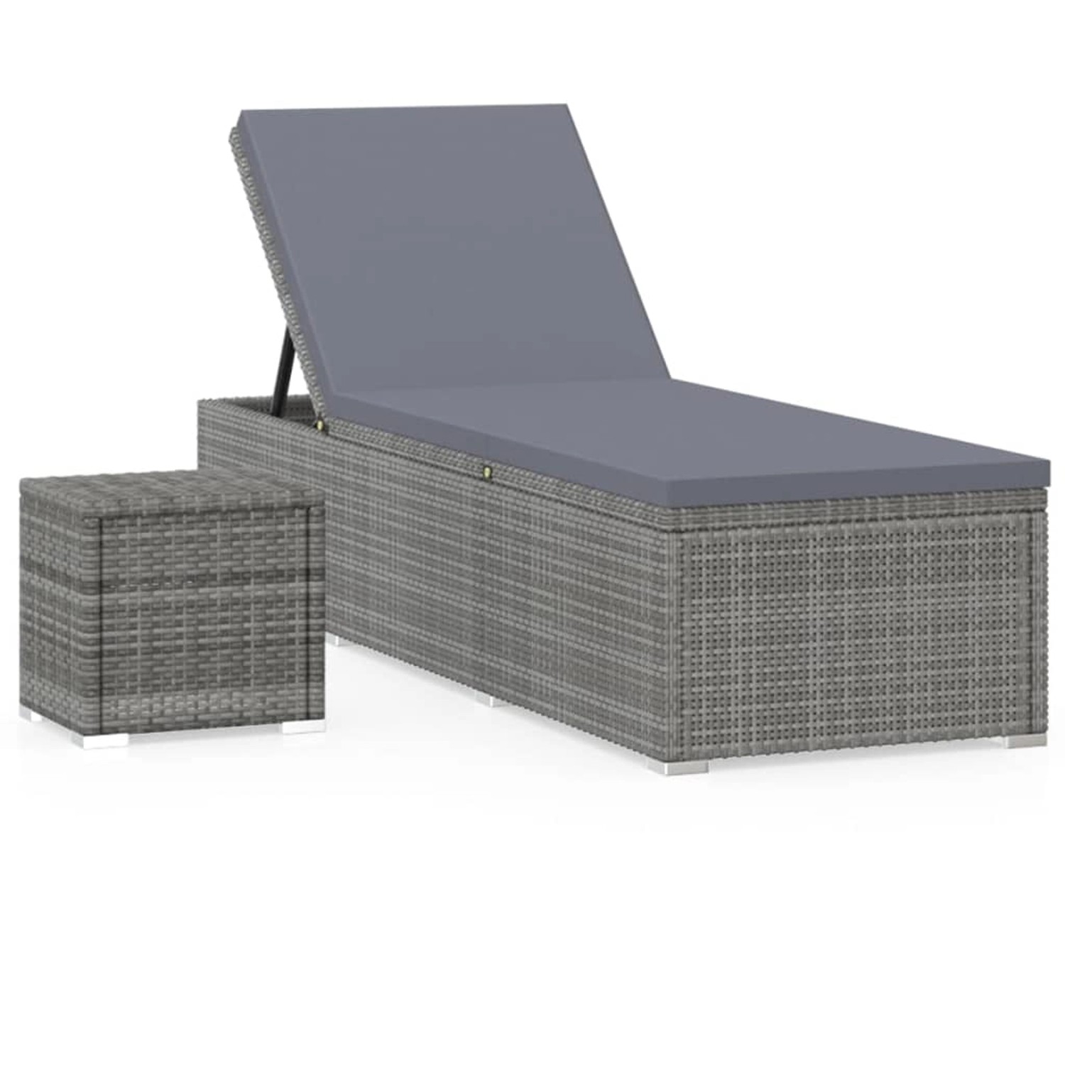 vidaXL Sonnenliege mit Auflage und Teetisch Poly Rattan Grau Kissen-Farbe  Dunkelgrau