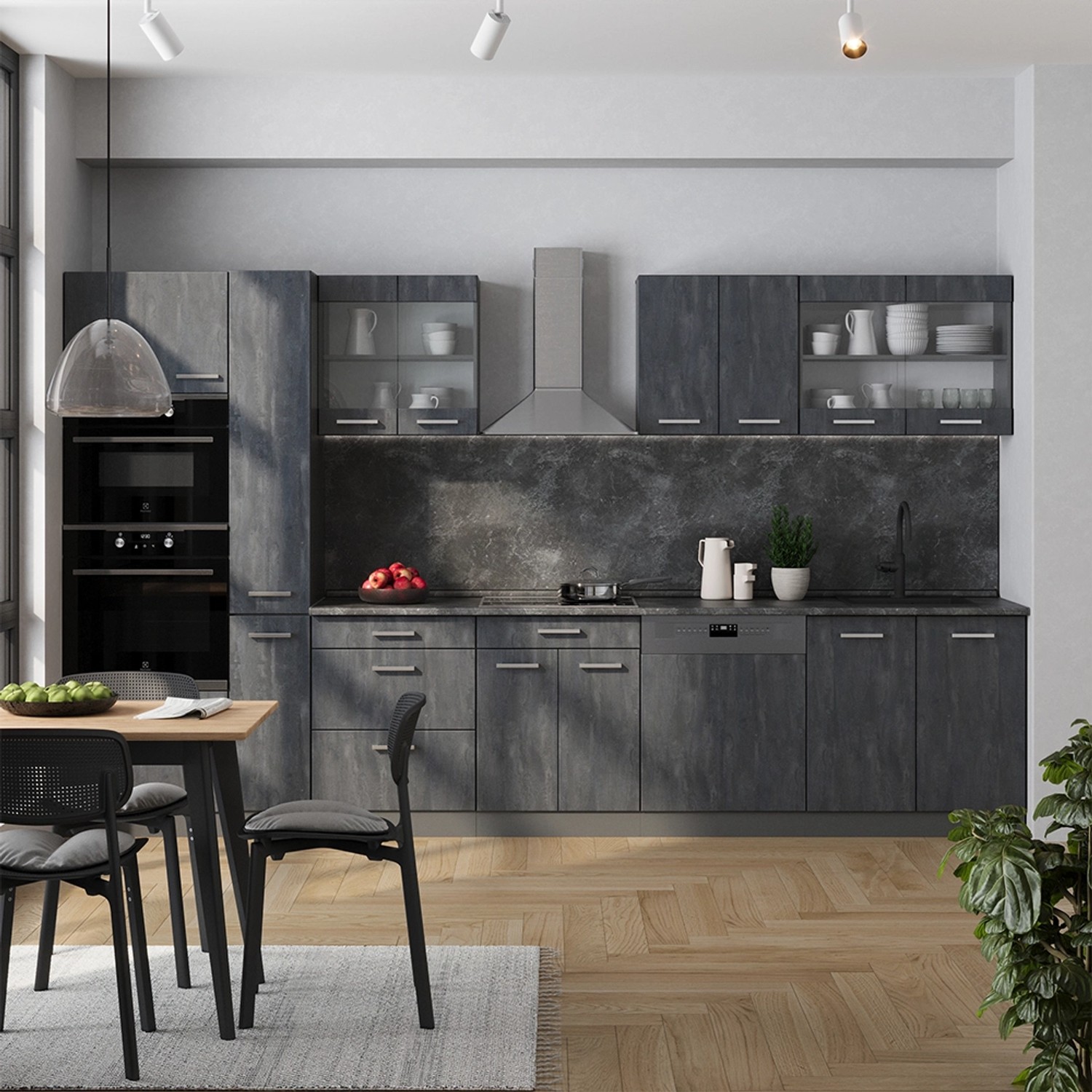 Moderne Vicco R-Line Küche in Schwarz Beton/Anthrazit, 350 cm breit, ohne Arbeitsplatte.