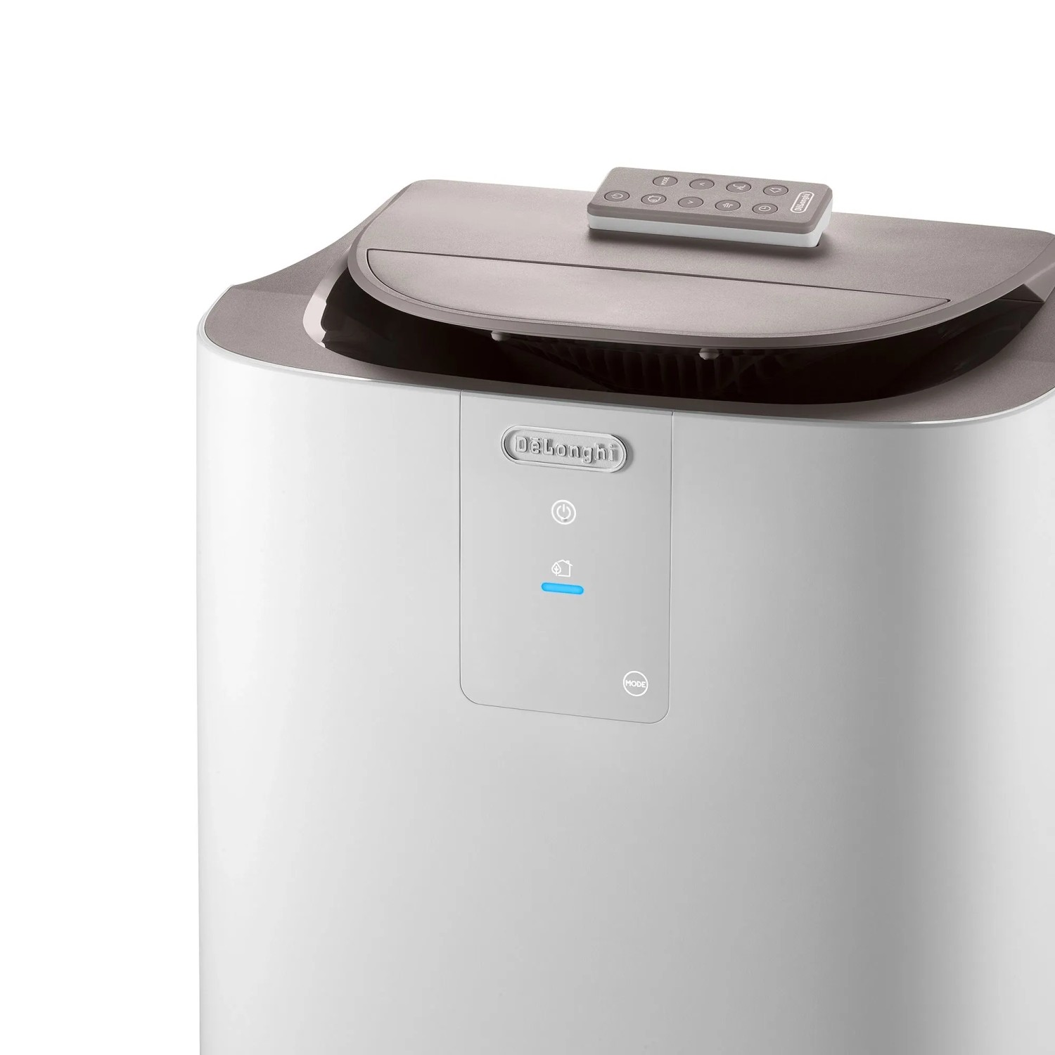 De'Longhi Klimagerät PAC-AP120 in Weiß mit Fernbedienung auf der Oberseite.