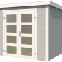 Modernes, lichtgraues Holz-Gartenhaus Zambezi mit Doppeltür und Fenster für den Garten.