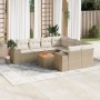 Beige 9-teilige Garten-Sofagarnitur aus Polyrattan mit Kissen und Tisch für Terrasse oder Garten.