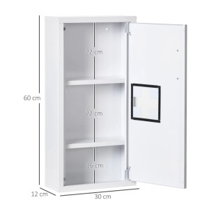 Weißer Medizinschrank mit offener Tür, 3 Fächern, Kreuzsymbol. Wandmontage, 60x30x12 cm.