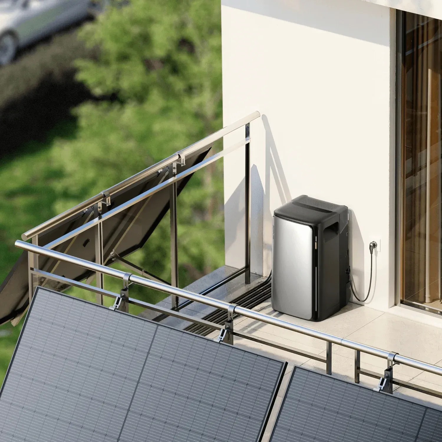 EcoFlow STREAM Ultra Balkonkraftwerk Speicher (2er Pack) auf einem Balkon mit Solarpanelen.