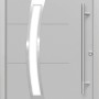 Graue Haustür Thermospace Prag Prime mit Edelstahlgriff und Designelementen.