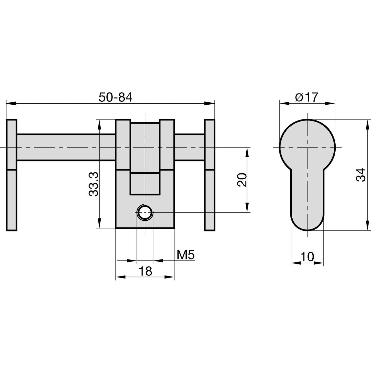 Technische Zeichnung: Basi Universal Blindzylinder BZU 100, matt vernickelt, Maße und Details.
