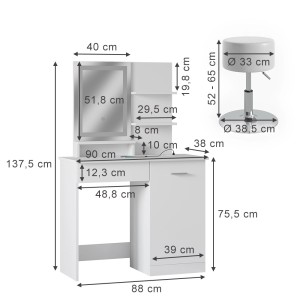 Weißer Vicco Schminktisch Julia 90 cm mit LED-Spiegel, QI-Ladegerät und Hocker, Maße