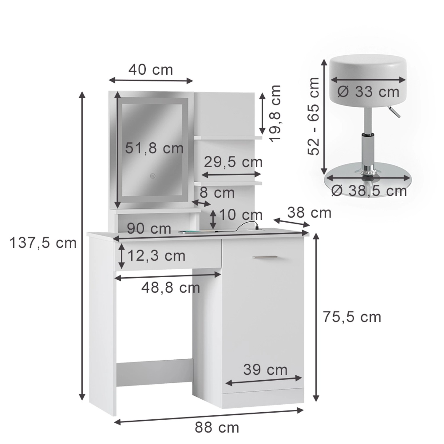 Vicco Schminktisch Julia Weiß 90 cm mit LED-Spiegel QI-Ladegerät und Hocker günstig online kaufen