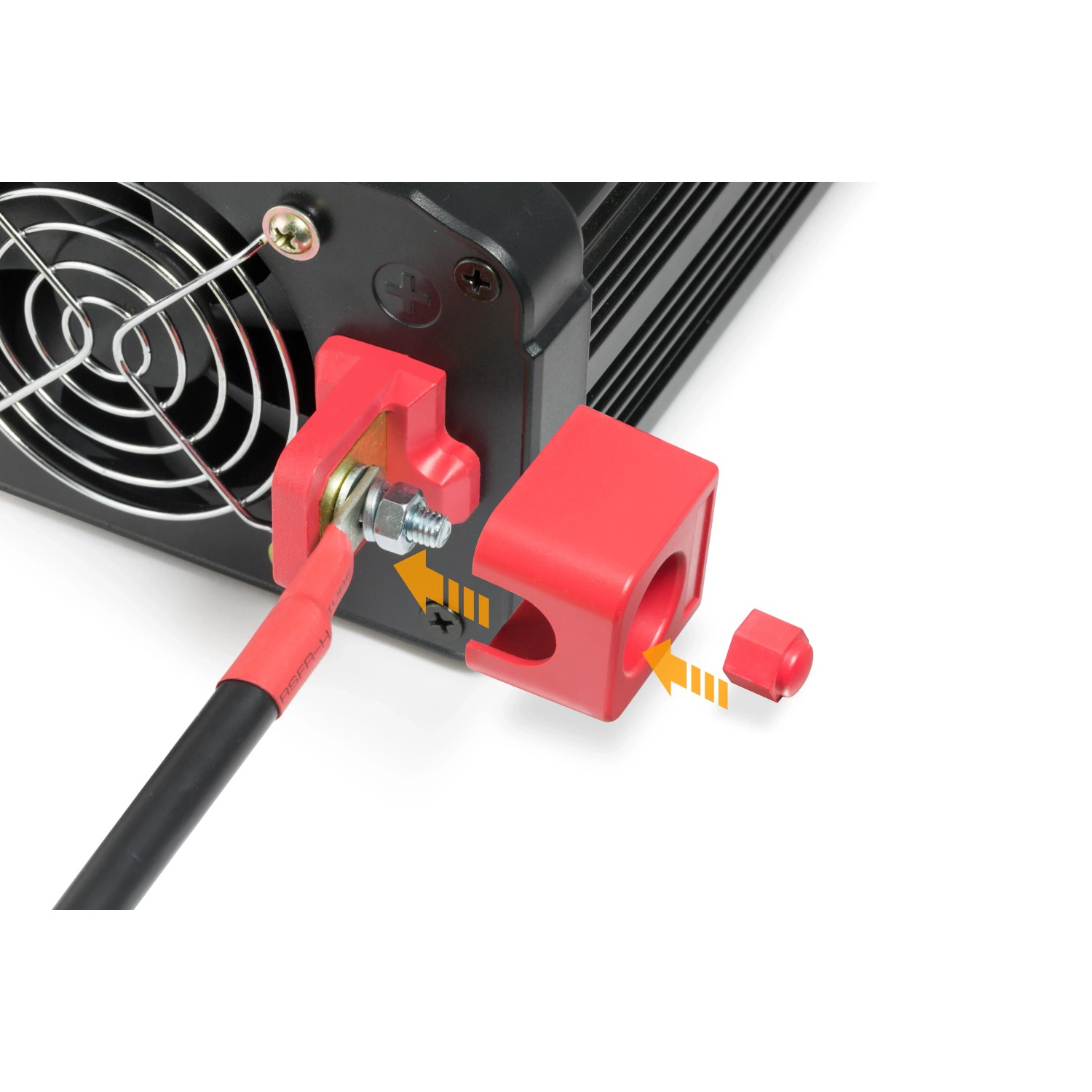 Technaxx Wechselrichter 1200W TE16 (schwarz) Detailansicht: Anschlüsse und Schutzkappen.