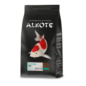 Alkote Fischfutter All Season Sink, 4 kg Sack mit Koi-Karpfen und Pellets.