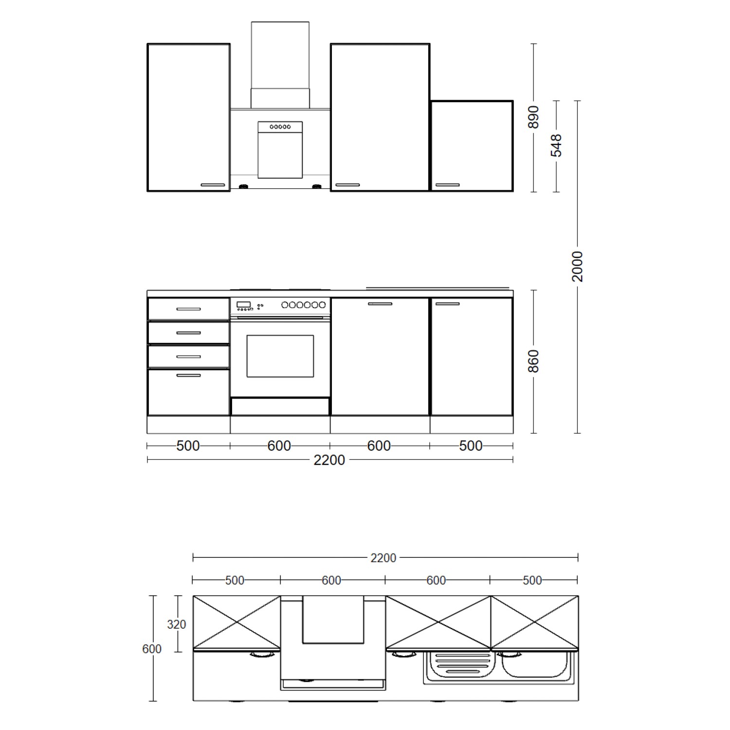 Skizze der Küchenzeile Flex-Well Valero, 220 cm, in Weiß Hochglanz und Sonoma Eiche, mit Maßen.