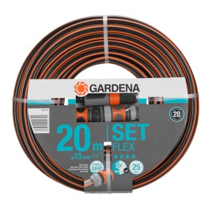 Gardena Comfort Flex Gartenschlauch 20m mit Systemteilen und Spritze.