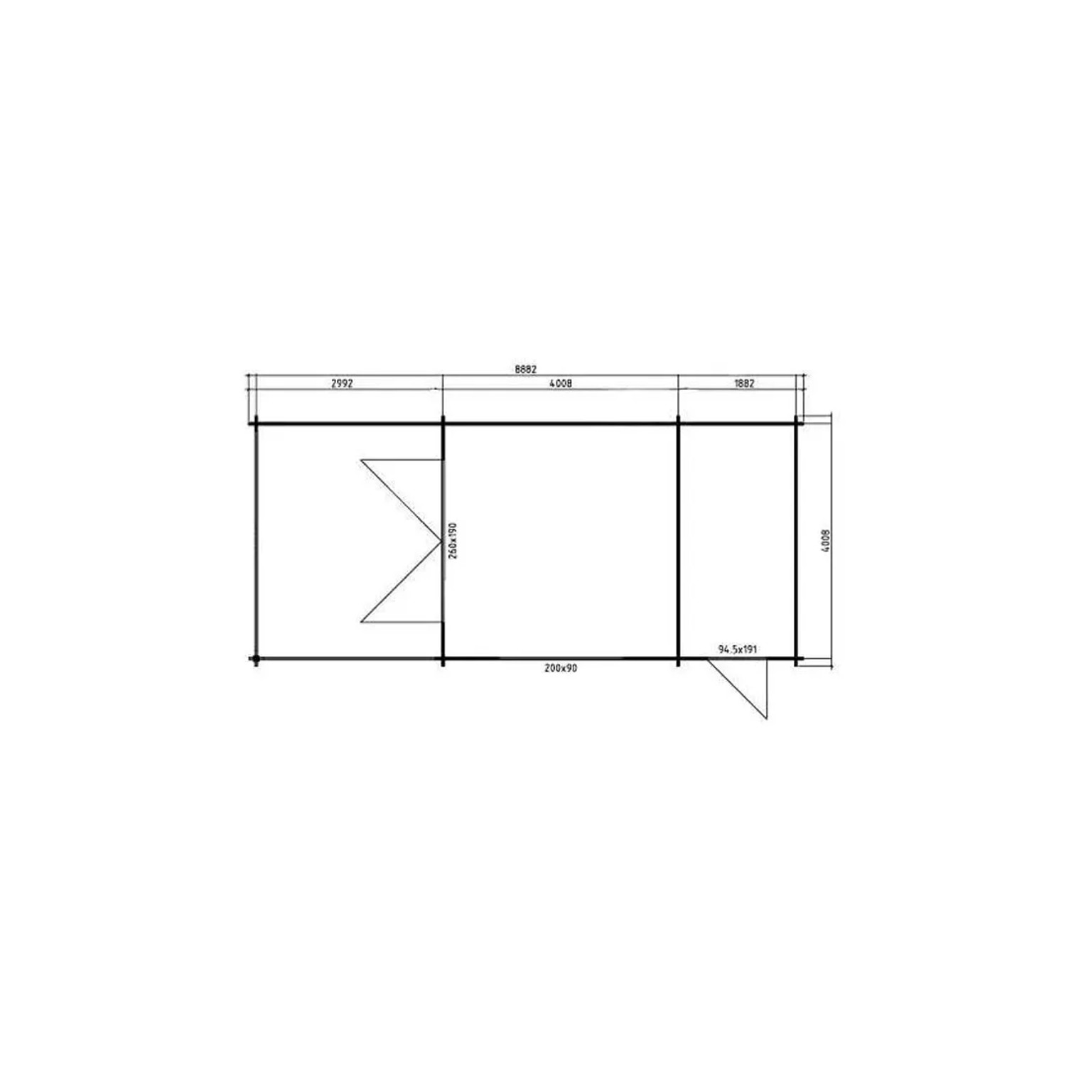 Grundriss Alpholz Gartenhaus Montana-44: Unbehandeltes Holz, 920x425 cm, mit Anbaudach.