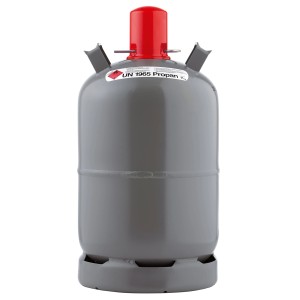 Graue 11 kg WestfalenGas Propan Nutzungsflasche (Leergut) mit rotem Verschluss.
