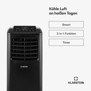 Schwarze Klarstein Pure Blizzard Smart 9k Klimaanlage mit digitalem Display und Lüftungsgitter.