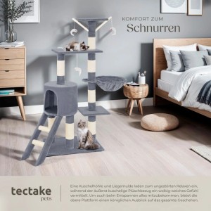 Grauer Tectake Kratzbaum Dominik, 144 cm hoch, mit Sisalstämmen, Katzenhaus, Liegemulde und Spielzeug.