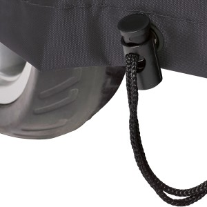 Detailaufnahme: Jamestown Grill-Abdeckhaube mit Kordel und Rad. Grillutensil für Wetterschutz.
